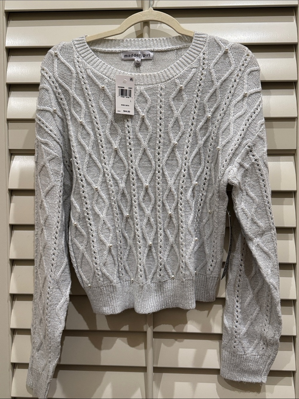 Madden Girl Light Gray Cable Knit Crewneck Sweater